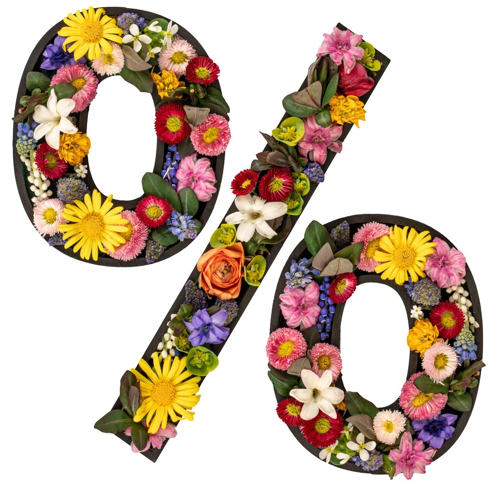 Percent sign made of real natural flowers and leaves on transparent background