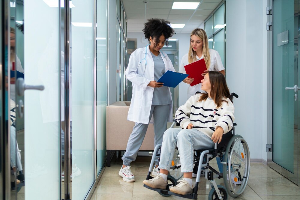 Female doctors and patient full shot