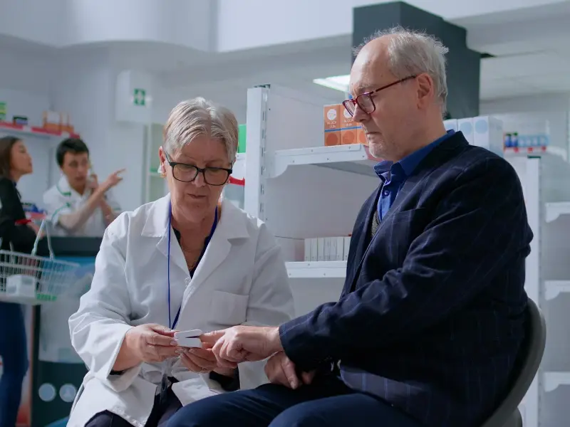 Elderly pharmacist using pulse oximeter